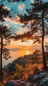 Backlit coastal pines frame high-dynamic-range sunset over sea