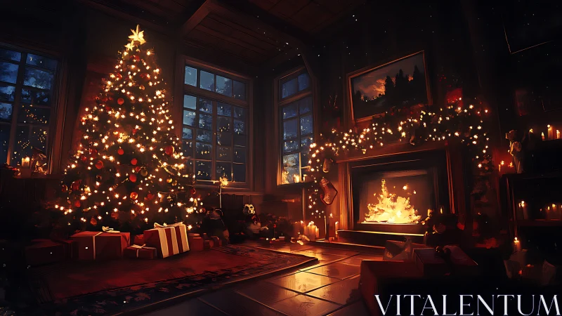 Interior view shows illuminated tree and fireplace at night