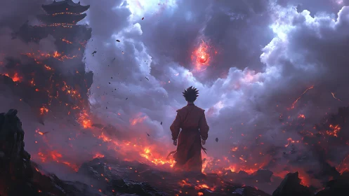 Storm-torn sky opens as lone warrior confronts flaming eye