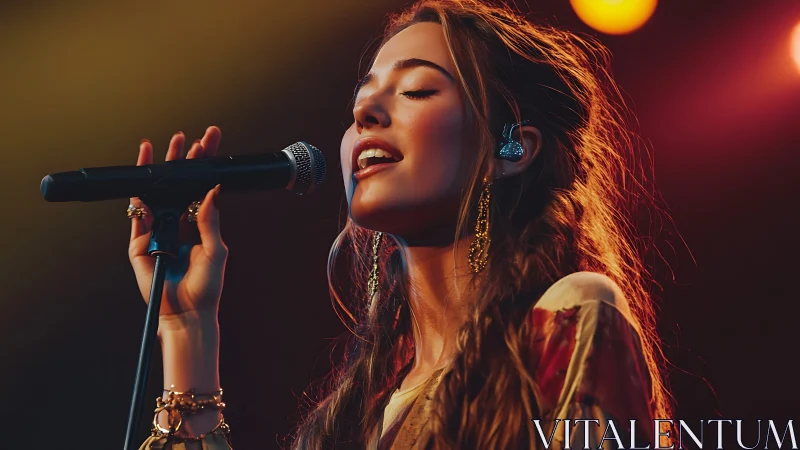 Young singer performs under warm concert stage lights.