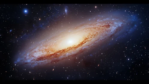 Inclined barred spiral galaxy with luminous central bulge in space