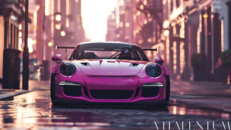 Bold pink sports car glows softly along misty city streets
