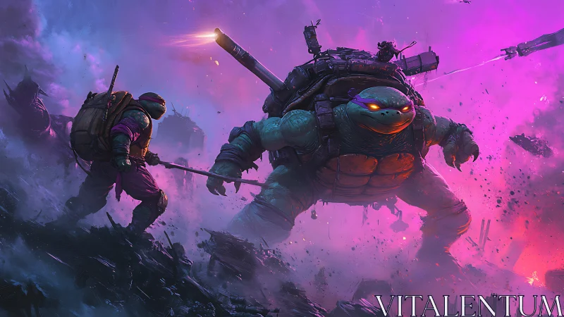 Two armored humanoid turtles confront each other in neon haze