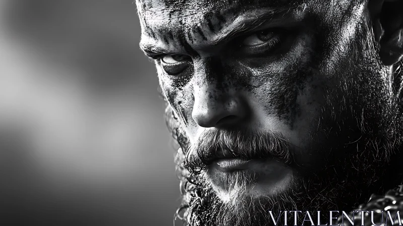 High contrast warrior close-up reveals gritty facial texture and menace