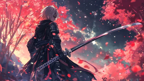 Crimson maple cyclone surrounding a lone duskborn swordsman.