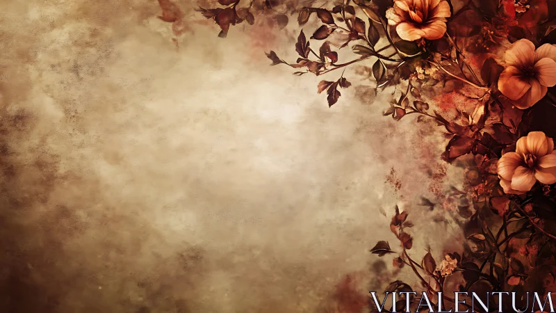 Rust red blossoms quietly frame a dreamy vintage mist