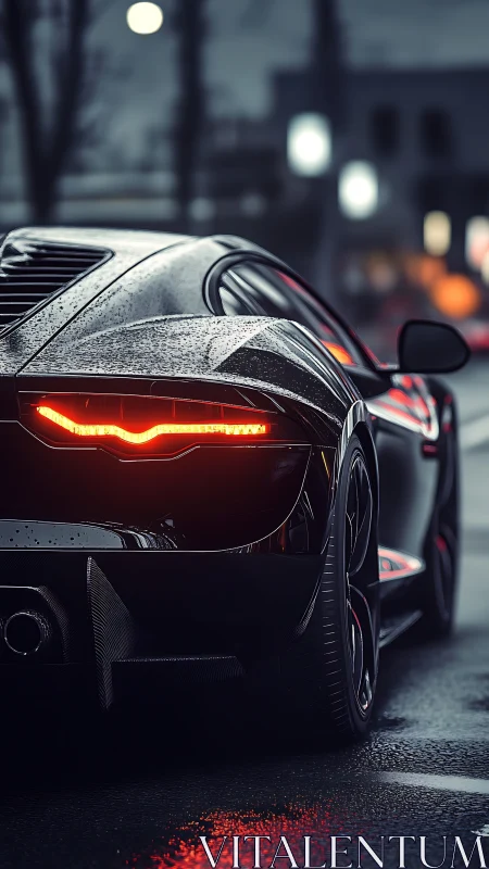 Night rain supercar prowl with neon ember taillights.