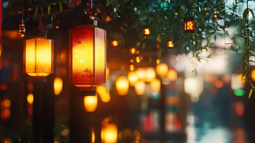 Hanging lanterns with warm light in leafy outdoor setting.