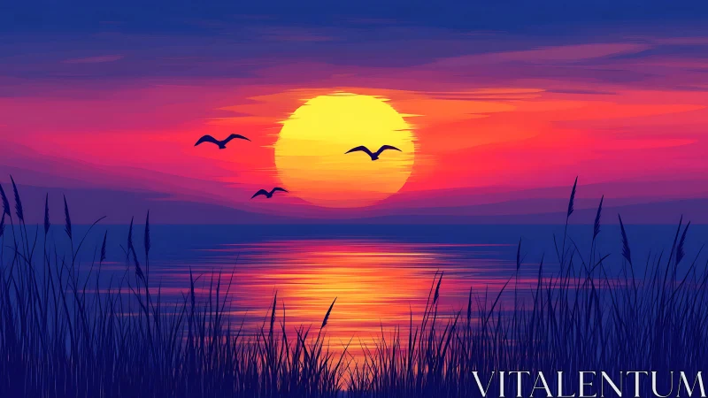Radiant seaside sunset with silhouetted reeds and birds in flight.