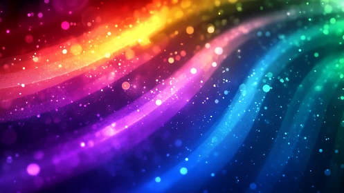 Vibrant curved rainbow light trails with glowing particles
