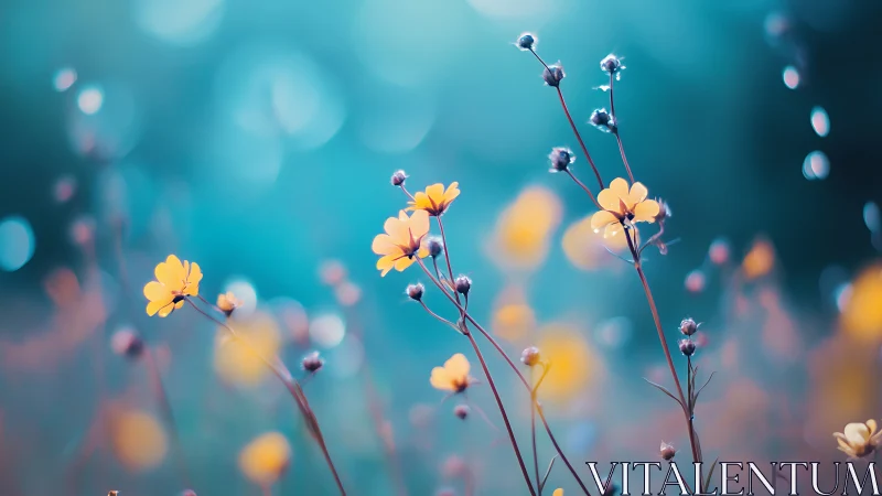 Yellow flowers bloom against soft turquoise bokeh backdrop.