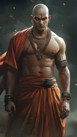 Fierce monk warrior in emberswept saffron battle calm.