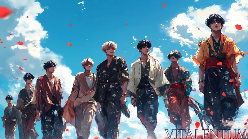 Group of stylized figures walks forward beneath clouded sky