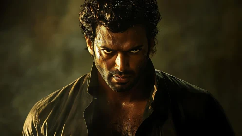 Male subject in low-key portrait with concentrated frontal gaze