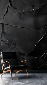 Midcentury lounge chair against fractured basalt wall surface.