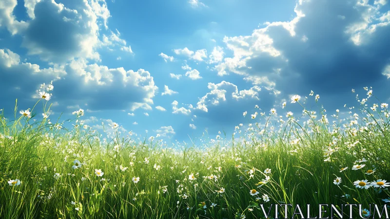 Digital landscape shows grassy field with daisies under clouds