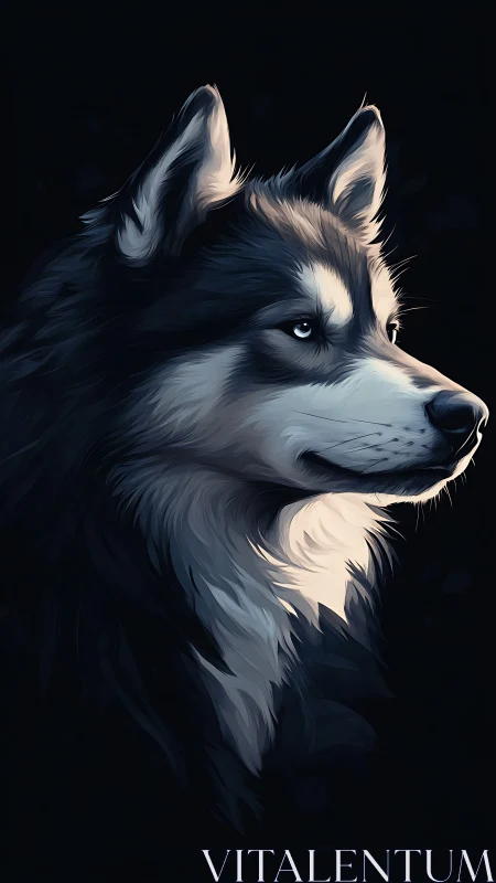 Husky portrait glows against deep shadowed background.