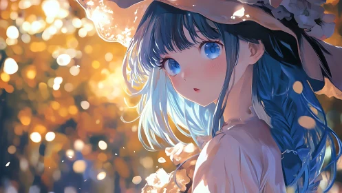 Blue haired anime girl in bokeh lit autumn garden portrait