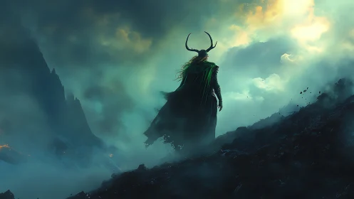 Backlit horned figure surveys stormy volcanic ridge in green haze