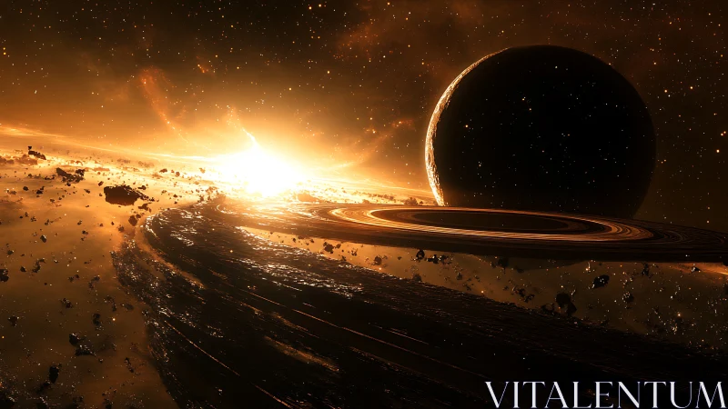 Golden sunrise spills across a ringed planet in deep space