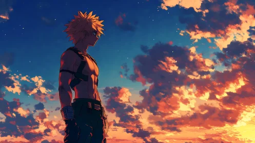 Sunlit anime warrior silhouetted against blazing sunset sky.