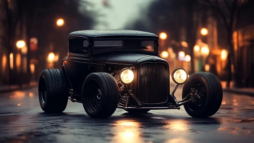 Midnight hot rod prowls rain-glossed city streets alone.