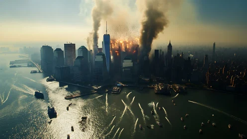 Aerial photorealistic skyline under catastrophic high-rise blast