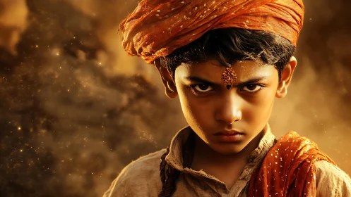 Fierce young gaze in glowing golden dust and desert light.