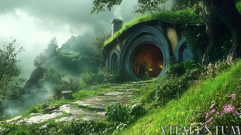 Hillside dwelling with arched entrance in misty landscape.