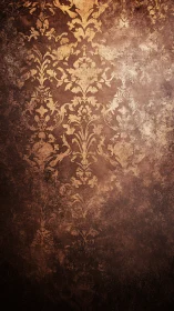Vintage brown damask wallpaper with worn ornate pattern.
