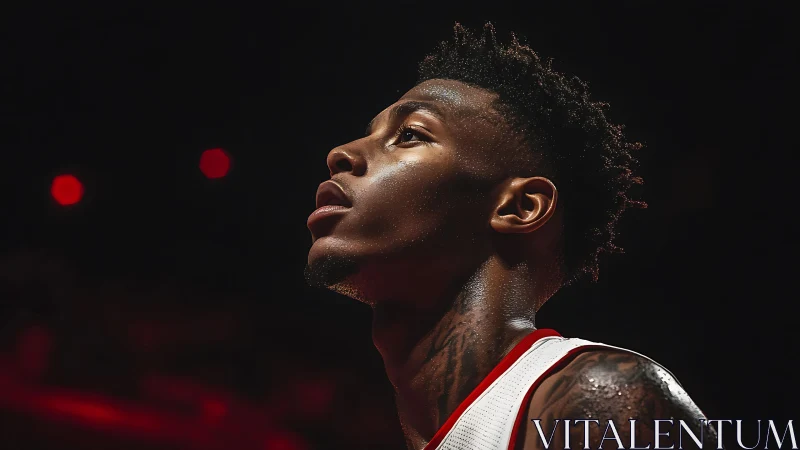 Basketball player portrait under dramatic arena spotlight.