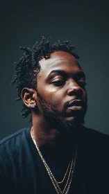 Male subject in low key studio portrait with jewelry detail.