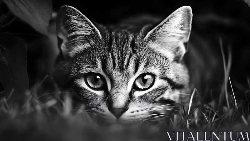 Tabby cat head displaying frontal orientation in monochromatic lighting