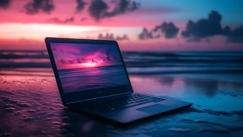 Laptop portal glows against neon dusk on a mirrored shore.