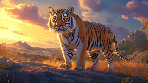 Sunlit tiger striding across golden grassland plateau.