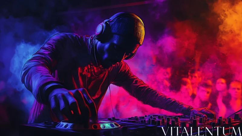 Neon fog DJ conjuring beats in an ultraviolet nightlife storm.