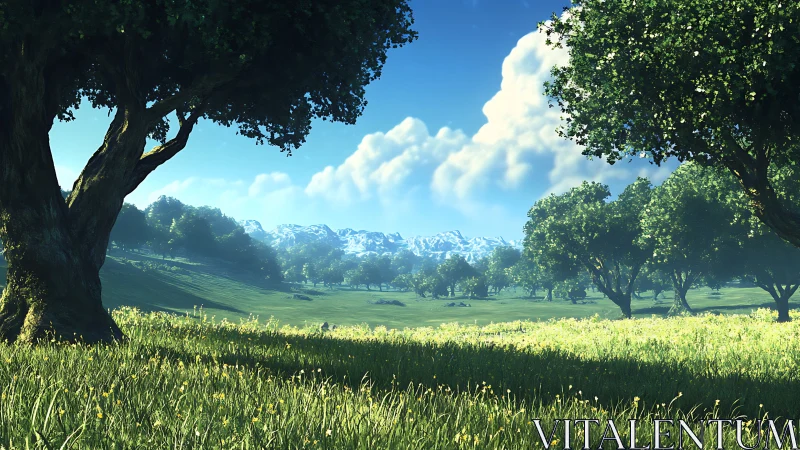 Sunlit meadow path opening toward distant snowy peaks.