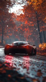 Crimson supercar glides through a glowing autumn forest road
