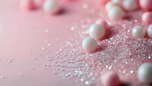 Sugar pearls scatter across soft pink candy sparkle surface