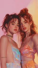 Two stylish young women in iridescent outfits at sunset.