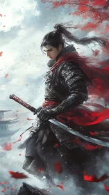 Samurai warrior in red scarf amid mist and falling leaves.