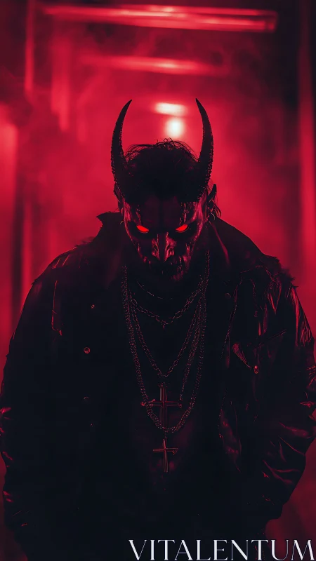 Horned demon figure in neon red hallway, cinematic glow.