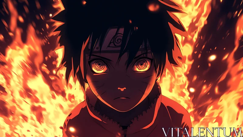 Anime ninja youth framed by blazing orange firelight glow.