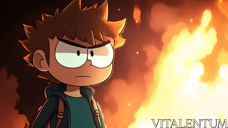 Defiant cartoon hero stands unshaken before raging flames.