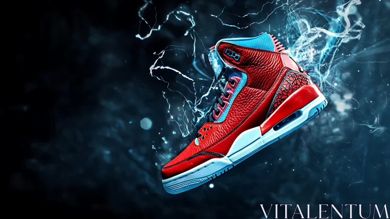 High-energy red sneaker flies through electric blue motion