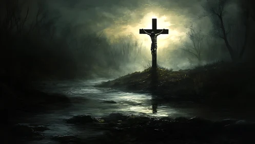 Lone crucifix blazing over misty river of shadowed night.