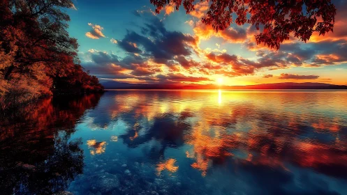 Digital painting sunset lake with mirrored chromatic sky composition.