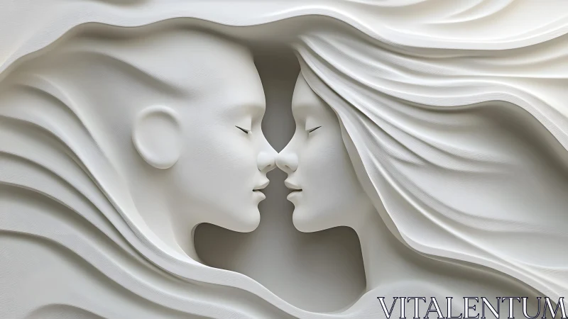 Elegant relief sculpture of two faces almost touching in white minimalist style.
