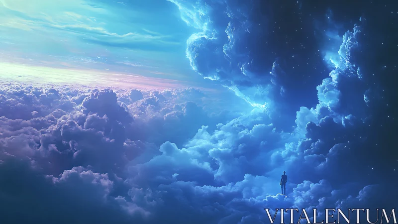 Solitary human figure above dense clouds under luminous sky.