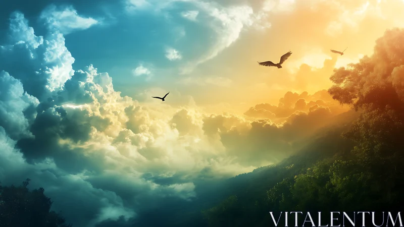 Layered clouds over forested hills with birds in flight.